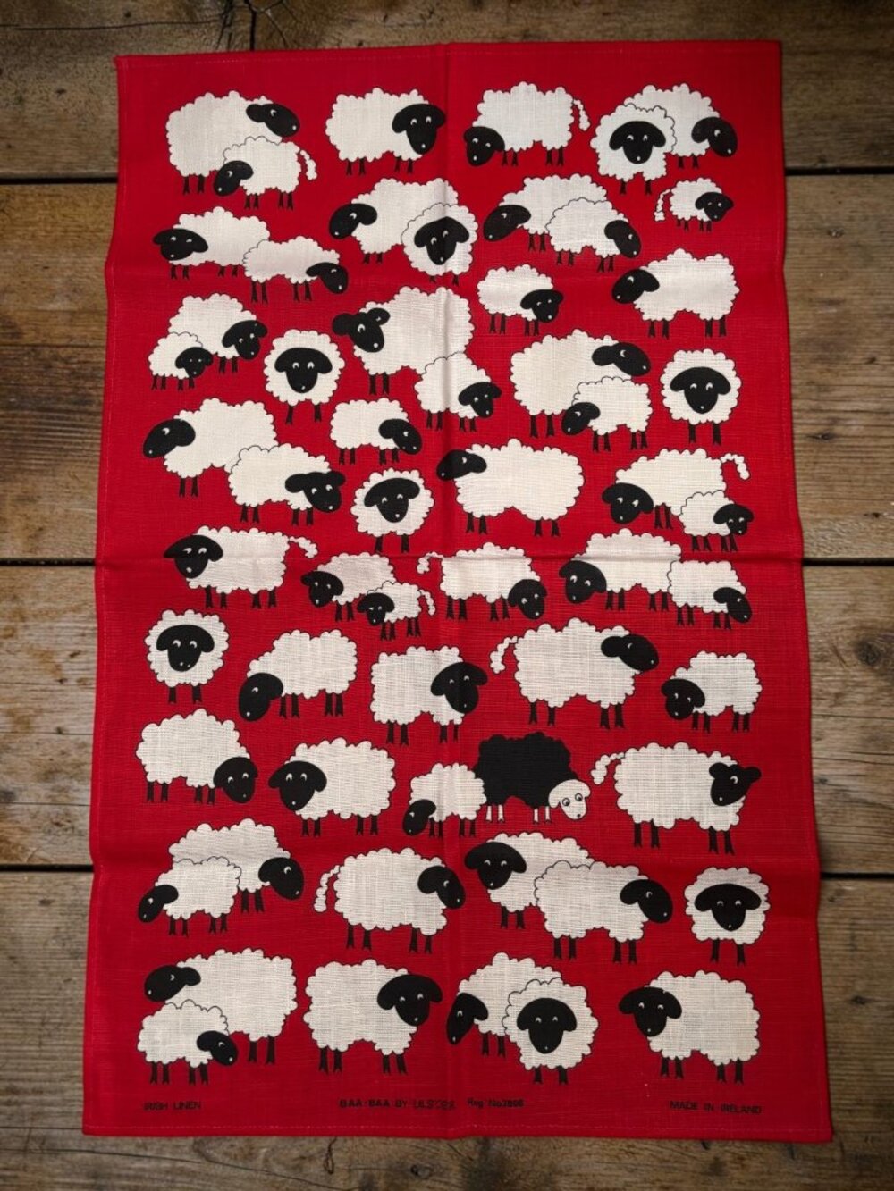 Baa Baa By Ulster Red & White Irish Linen Black Sheep Tea Towel Made In Ireland